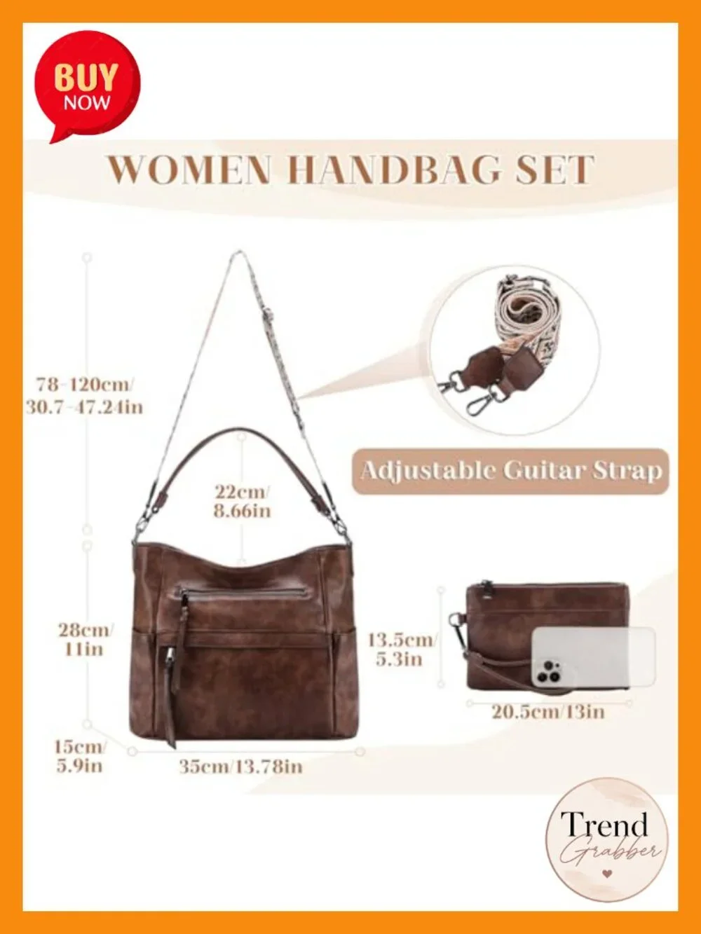 Vegan Leather Hobo Bag with Wallet Set, Tote with Guitar Strap, Medium, Zippered